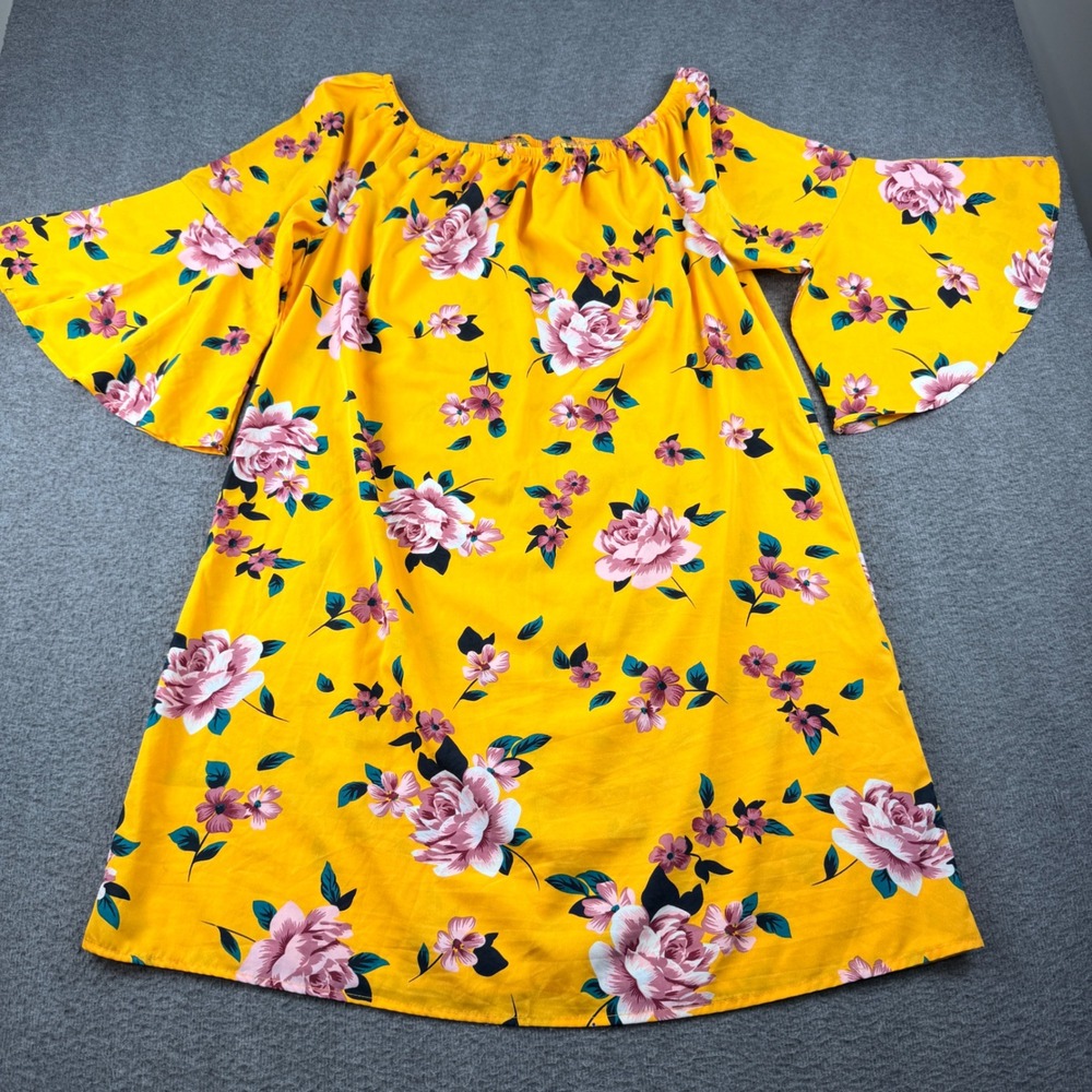 Speed Control New York Yellow Floral Bell Sleeve Off Shoulder Mini Dress Large